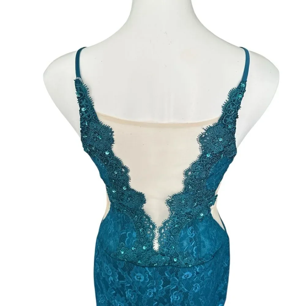 Elegant Lace and Sequined Dress Teal/Nude NWOT